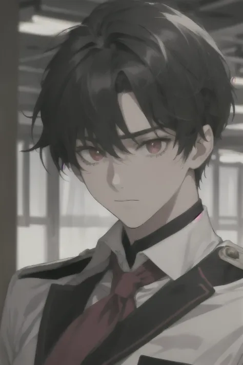 A 16-year-old black-haired, red-eyed male student at UA High School wearing the male Hero High School uniform