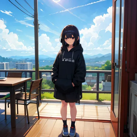 Anime style、Have a game console、Standing picture、wearing hoodies、femele、quadratic element、Vtuber、fantastic landscape