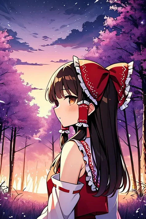 detailed background, masterpiece, best quality, 1girl, hakurei reimu, brown hair, hair tubes, hair ribbon, brown eyes, a forest full of purple and white trees, fireflies, purple theme, white theme, sunset, cloudy, touhou project