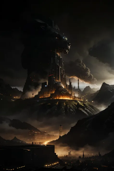 masterpiece, best quality, A massive dark neo-dystopian, industrial machine city, covered in smoke, built in a giant cavern, based off of Svartalfheim land of the ancient Norse dwarves.