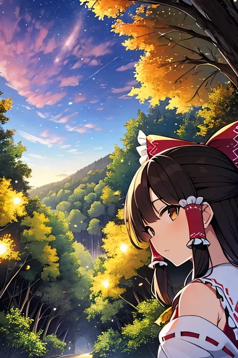 detailed background, masterpiece, best quality, 1girl, hakurei reimu, brown hair, hair tubes, hair ribbon, brown eyes, a forest full of purple and white trees, fireflies, purple theme, white theme, sunset, cloudy, touhou project