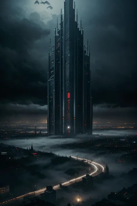 masterpiece, best quality, A massive dark neo-dystopian city, covered in fog and mist, bassed off of Niflheim from Norse mythology.