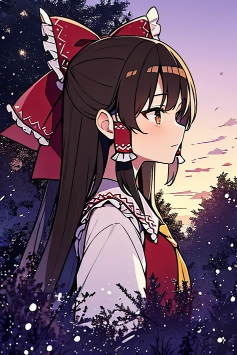 detailed background, masterpiece, best quality, 1girl, hakurei reimu, brown hair, hair tubes, hair ribbon, brown eyes, a forest full of purple and white trees, fireflies, purple theme, white theme, sunset, cloudy, touhou project