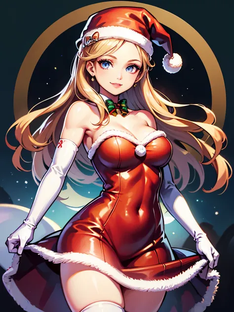 1girl, solo, masterpiece, best quality, high res, highly detailed, (illustration), beautiful detailed eyes, AnnTak, blue eyes ,glossy lips, makeup, smile, long white elbow gloves, cowboy shot, (santa), red santa dress, santa hat, strapless dress, white elb...