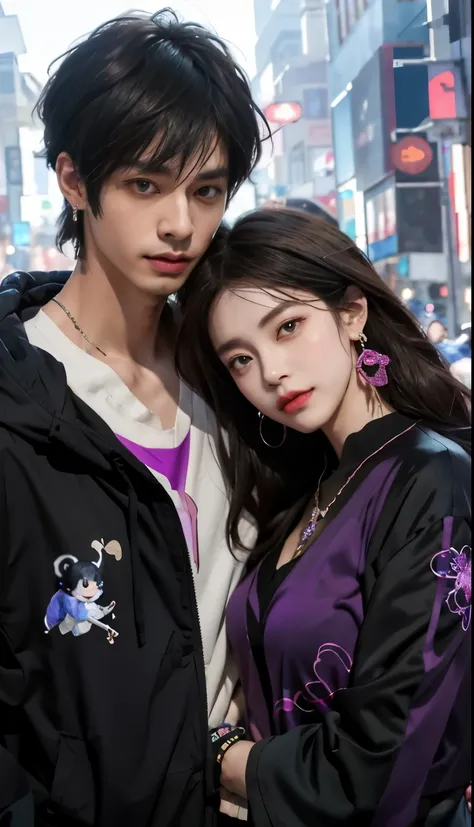 Anime couple posing for photo with brunette and purple earrings, Guviz-style artwork, Guviz, trending on cgstation, inspired by Yanjun Cheng, by Yang J, KDA和Sam Yang。, cute couple, WLOP and Sakimichan, trending on artstration, Ruan Jia and Artgerm, High-qu...