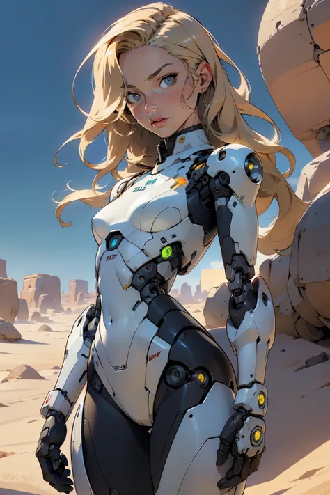 high quality, 4k, masterpiece, beautiful, cyborg girl, cowboy shot, dull eyes, looking at viewer, long blonde hair, girl, small breasts, fit thigh, robotic arms, robotic body, cyborg body, yellow accent, intricate detail, joint, detailed lines, robotic det...
