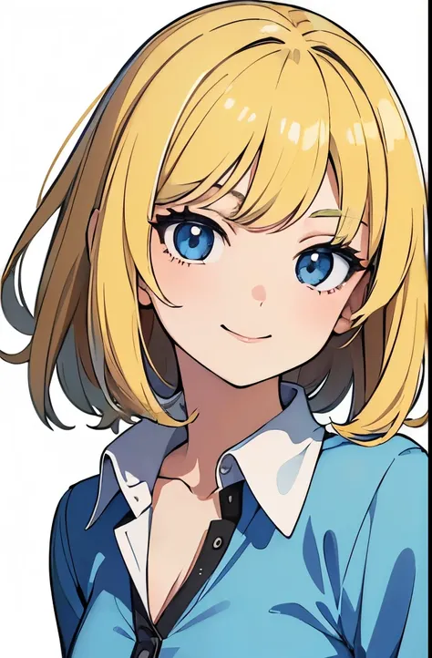 (masterpiece, flawless quality, anime style:1.2), 1girl, blank white background, smile, teenager, light blue form-fitting periwinkle polo slightly unbuttoned, (black iris), yellow blonde hair, athletic, lipstick, looking at viewer