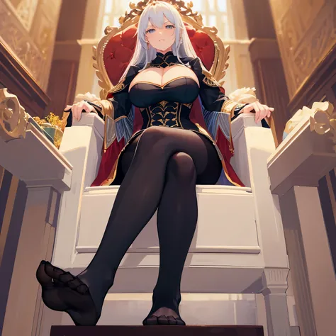 Emperor with a giant cleavage，black tights，top down view，FOV，no shoes,very detailed toes，professional feet