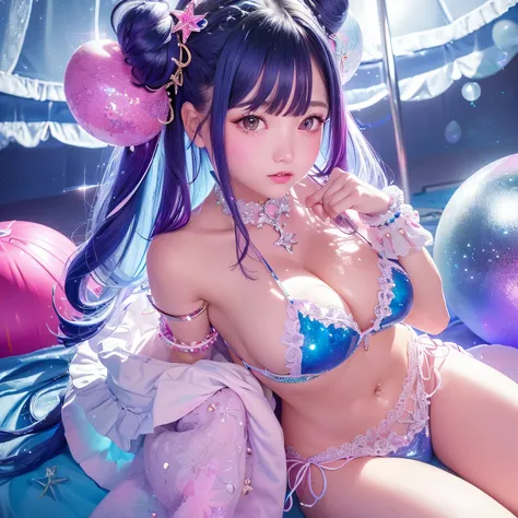 The upper part of the body、one girls、I have dark blue hair color、Two-tone、(Pink Highlight Hair、Bun hair、very Bigger breasts、Lace Bikini(sparkling jewel design)Sparkling jewel lace decoration on the body、Countless glowing spheres float、Glowing soap bubbles、...