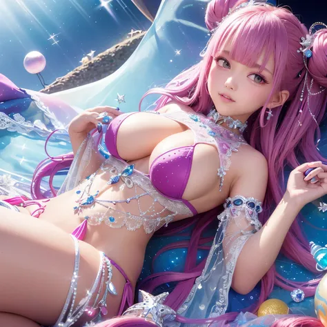 The upper part of the body、one girls、I have dark blue hair color、Two-tone、(Pink Highlight Hair、Bun hair、very Bigger breasts、Lace Bikini(sparkling jewel design)Sparkling jewel lace decoration on the body、Countless glowing spheres float、Glowing soap bubbles、...