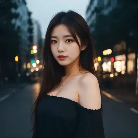 photo of korean Woman in a black Off-shoulder dress, black hair, long hair, tan skin, makeup, dark lips, standing in a city parking lot at night, dark background, sunset, detailed skin, detailed eyes, depth of field, 8k uhd, dslr, dim lighting, high qualit...