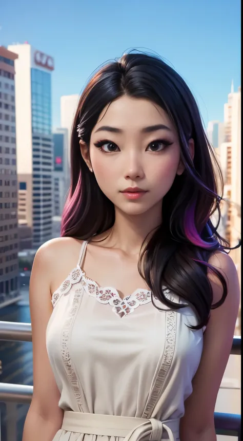 photo of fuslie, RAW, beautiful woman, ((portrait)), ((detailed face:1.2)), ((detailed facial feature, detailed skin, clear skin), (perfect proportioned body), (wearing a colorful dress) (high detailed city environment, apartment balcony), (realistic photo...