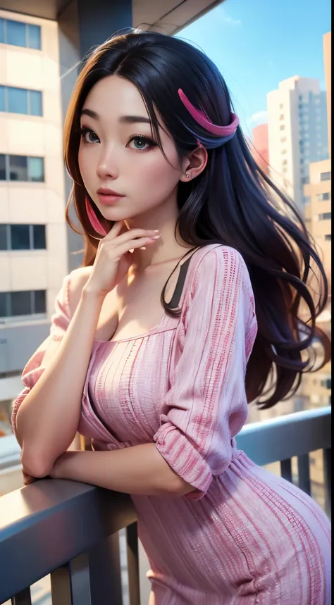 photo of fuslie, RAW, beautiful woman, ((portrait)), ((detailed face:1.2)), ((detailed facial feature, detailed skin, clear skin), (perfect proportioned body), (wearing a colorful dress) (high detailed city environment, apartment balcony), (realistic photo...