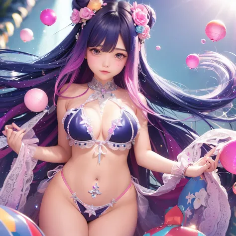 The upper part of the body、one girls、I have dark blue hair color、Two-tone、(Pink Highlight Hair、Bun hair、very Bigger breasts、Lace Bikini(sparkling jewel design)Sparkling jewel lace decoration on the body、Countless glowing spheres float、Glowing soap bubbles、...