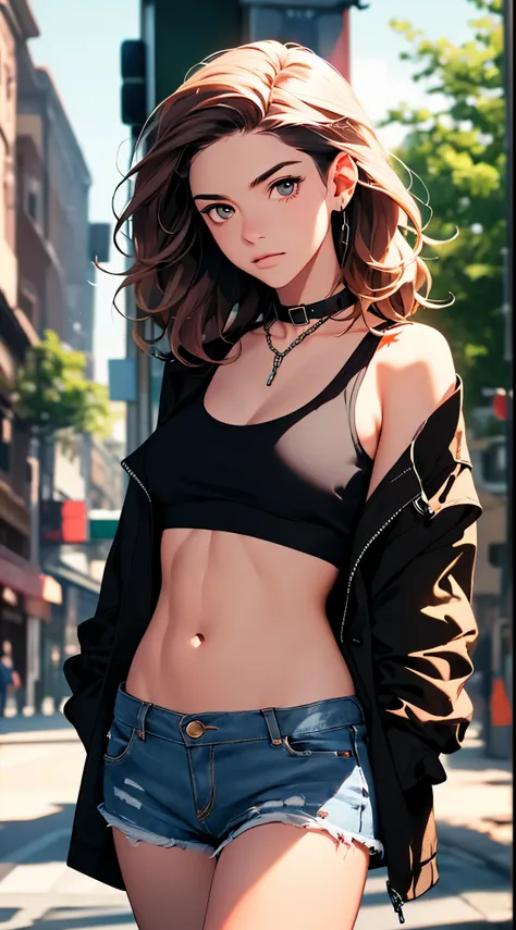 ((medium breast, tomboy girls, small head)), daylight, sunlight, (chiseled abs : 1.1), (perfect body : 1.1), (short wavy hair : 1.2) , auburn hair, collar, chain, full body shot, crowded street, wearing black tanktop, jeans jacket, ((shorttremely detailed ...