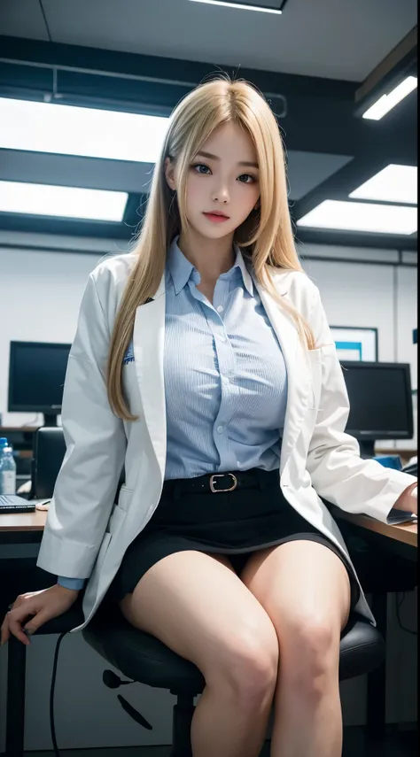 {Photos taken with an ultra-high resolution camera}、{8K photo quality:1.2}、{ultra-high resolution photo quality:1.2}、{Ultra-realistic1.2}、{perfect limb}、{japanes}、masterpiece、nsfw、1female、I&#39;m in a research lab at a pharmaceutical company.、Sitting on a ...