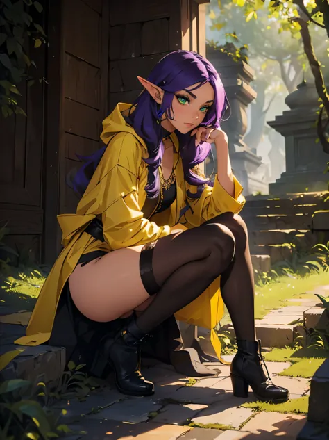 masterpiece, high quality, open forest, temple ruins, 1_women, full body, (exotic skin_complexion:1.4),mature, statuesque, beautiful, exotic, with long elf ears, (looking away from the viewer), ((timid expression)), nervous, wearing (((yellow))) hooded clo...