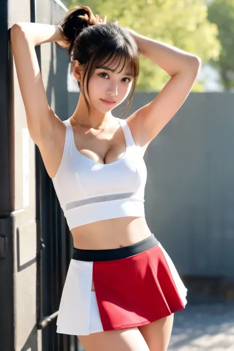 masutepiece,  (cheer girl:1.3), (Wearing a miniskirt:1.3), Bust 78cm、 17 year old beautiful Japanese high school girl、pony tail hairstyle、Sweaty cleavage、sweats streamed skin、Beautiful thighs、Navel、pantiy