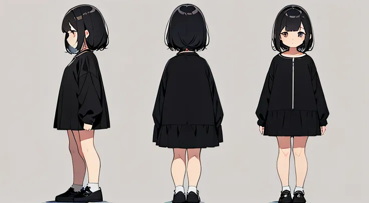 Cute 10 year old girl, , full bodyesbian, standing on your feet, with short black hair, Same character from different angles, front view left view, rare