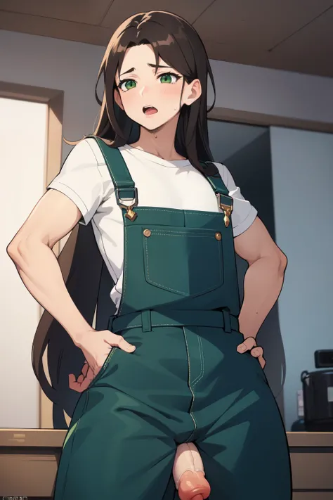 Crossdressing, male effeminate character, {{brown long hair}}, green overalls, green eyes, white t-shirt with black sleeves, messy hair, enormous dick, NSFW, masturbating his enormous dick