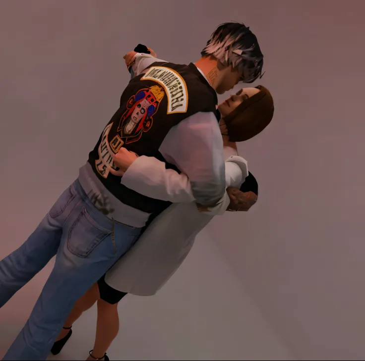 there is a man and woman that are hugging each other, hug, posing for a fight intricate, hugging, hugs, secondlife, second life avatar, hugging his knees, modeled in poser, hugging each other, couple pose, heavy vignette!, posing for a fight like a real pe...