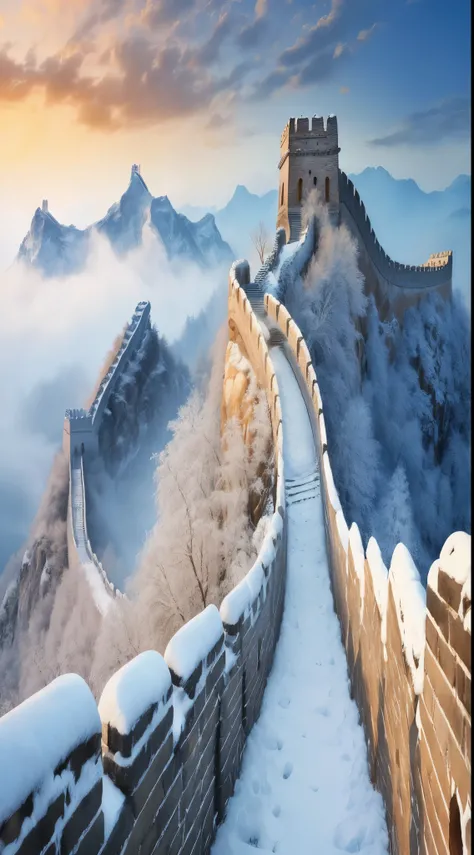 the great wall，at winter season，Warm，Snowflakes， The warm, 8k 4k，