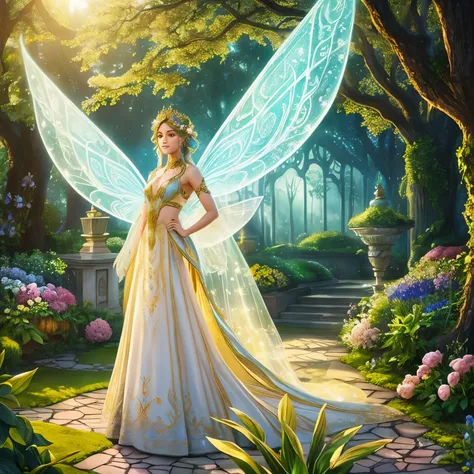 A powerful fairy king, with majestic wings and a magical aura, standing in an enchanting garden surrounded by colorful flowers and vibrant greenery. The fairy king has mesmerizing, piercing eyes that sparkle with wisdom and a charming smile on his lips. Hi...