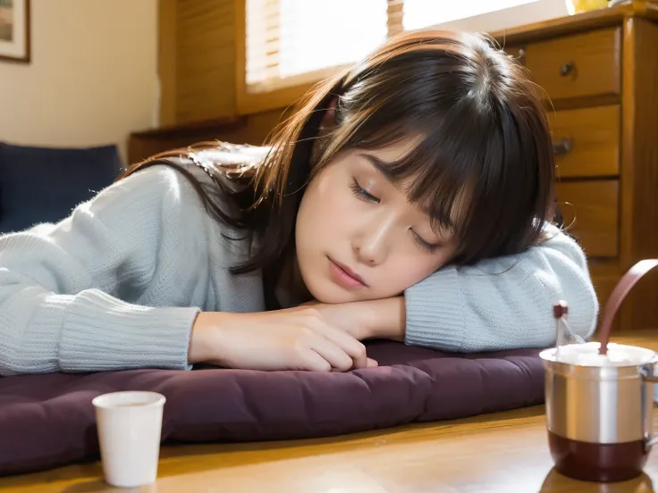 1 girl in,、sleep、kotatsu, the table, sleepeace, down face, winters, upper body,mikan, reflective light,, ultras_detailed:1.2