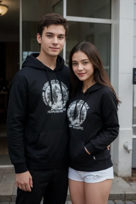 ((best quality)), ((masterpiece)), (detailed), perfect face girl use black hoddie with boy, standing, couple, smile