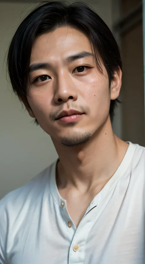 30 year old round face handsome asian man portrait movie look, above the chest