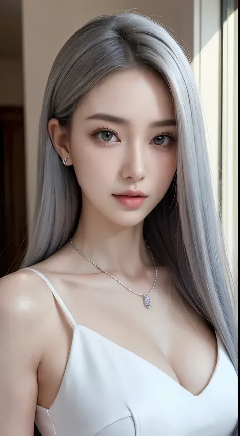 close up，1 girl，25 age old，Delicate face shape，is very beautiful， 独奏， [Shiny hair，light grey hair： lightblue hair：0.2]， jewely，Silver necklace， looking at viewert， ssmile，黑The eye，Perfect and beautiful face shape，Detailed and perfect body shape，Perfect Fin...