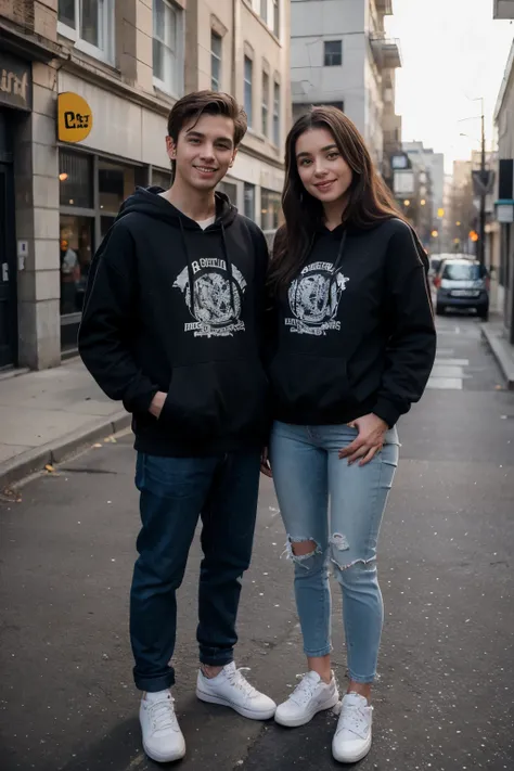 ((best quality)), ((masterpiece)), (detailed), perfect face, girl use black hoddie and sneakers with boy use jaket jeans, standing, couple, smile