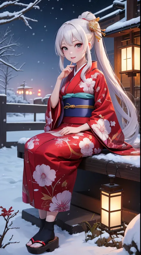 masutepiece, Best Quality, 1girl in, Very long hair, new year kimono, Its snowing、Winters