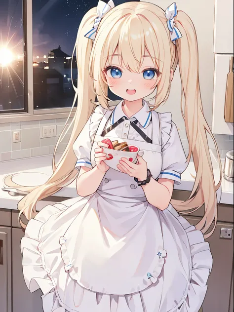 (best quality,4k,very detailed),cute girl,light blond hair,blue eyes,very long twin tails,laughing,double teeth,closed eyes,looking at viewer,lens flare,cute apron,kitchen,sweets