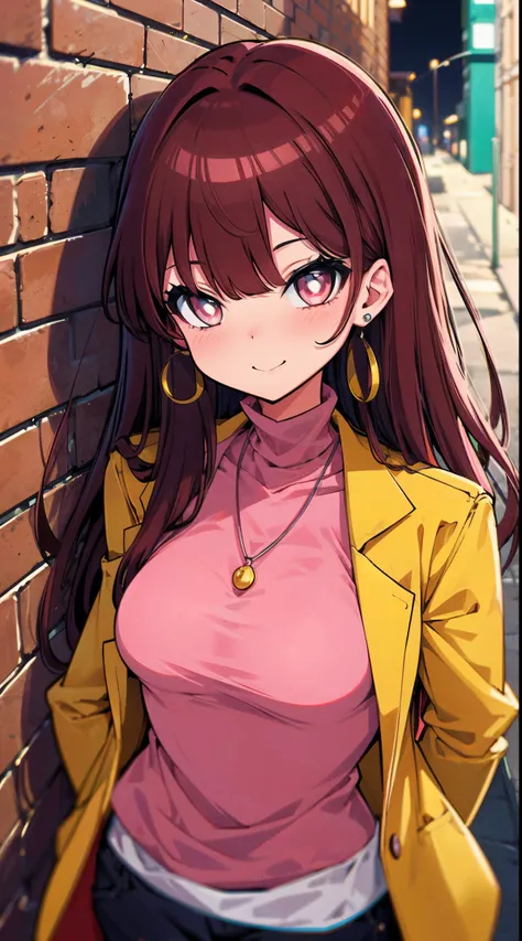 (masterpiece, best quality, 1 girl, solo, intricate details, chromatic aberration), ((medium breasts)), long hair, red hair, red decoration on the head, pink highlights, amber eyes, earrings, sharp eyes, necklace, neon shirt, ripped shorts, unbuttoned jack...