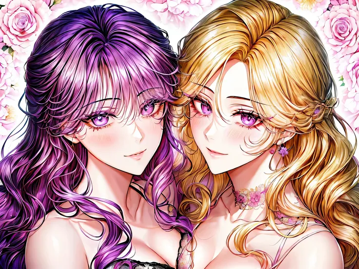 black plum_1024, ((shoujo-style, Floral background, Romance Manfa)), (close up), (2girls:1.2), Purple hair, Blonde hair, a couple, Long hair, flower, Dress, Thick eyebrow, purple flower, Wavy Hair, Closed mouth, 鎖骨, cleavage, Smile, Face Focus, Beautiful f...