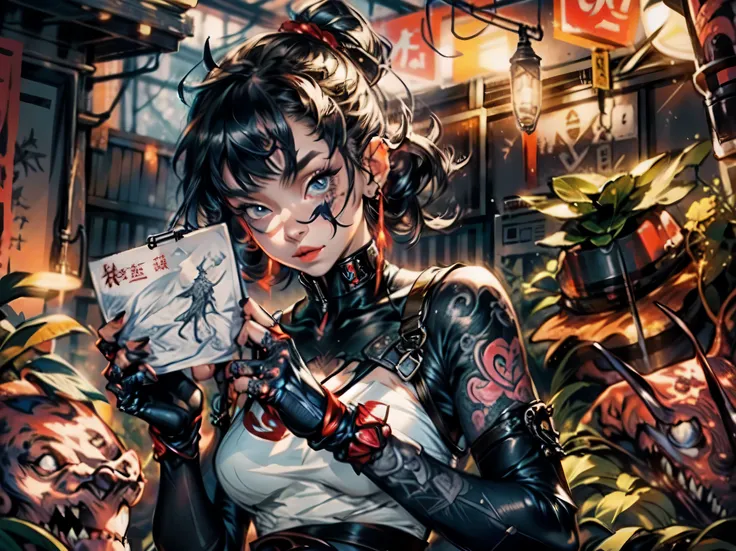 tmasterpiece, Detailed, realistness , 4k, girl holding a sign in her hands , Tatoo ,  KUNOICHI, Girl with tattoos, night city , girl points to the sign