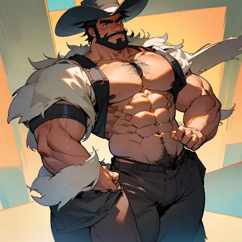 Pixar, dad bod, hairy chest, bearded, big, giga chad, muscular, big thighs, handsome man, cowboy, cowboy hat, boner, erect, heroic pose, muscular arms, big muscular chest, abs