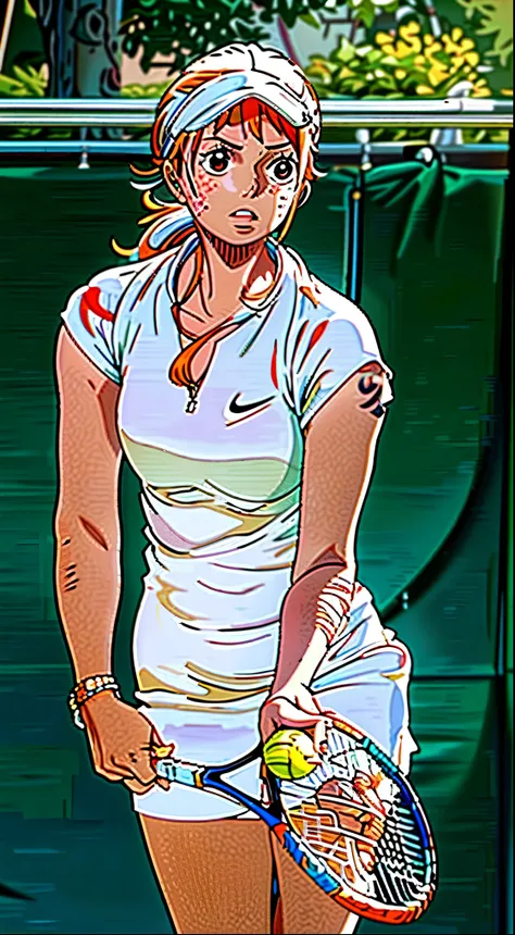 masterpiece, best quality, high resolution, ultra detailed face, a female tennis player holding a racket and ball on a court, 1girl, solo, nami, long hair, orange hair, white dress