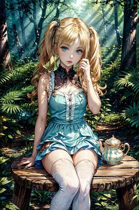 (masterpiece, best quality, fairy tale illustration:1.2), intricate details, 1girl, 25 years old alice in wonderland clothes, bl...