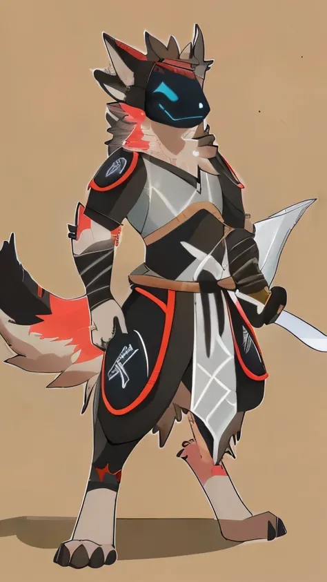 Japanese feel, Protogen, coyote, samurai, Sexy, blue cloak, samurai armor, Divided armor and sashimono, Kitsune-inspired armor, Sengoku period art style, Long sword