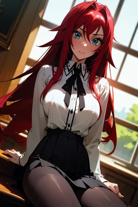 (Masterpiece:1.2, high quality:1.2), (solo:1.2), (1girl:1.2), (pixiv:1.4), (Rias gremory), indifferent, (glare:0.8), crimson red hair, wavy long hair, sharp bangs, crystal green eyes, (detailed eyes), double eyelids, black eyeshadow, long eyelashes, pale p...