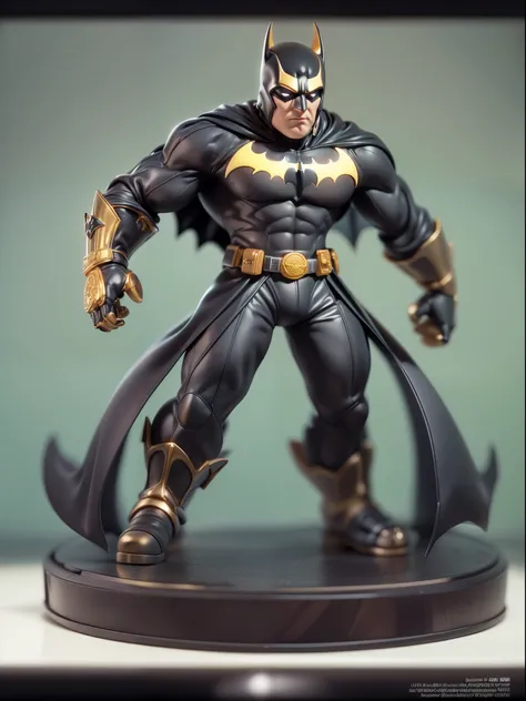 (Blind box toy style:1.3),((Full body shot)),(1 cute batman，solo）(((solo))),dreamy glow, plastic style， Clean black background, (circular base）( Global illumination, Ray tracing, hdr, unreal render,reasonable design, high detail, Masterpiece, Best quality,...