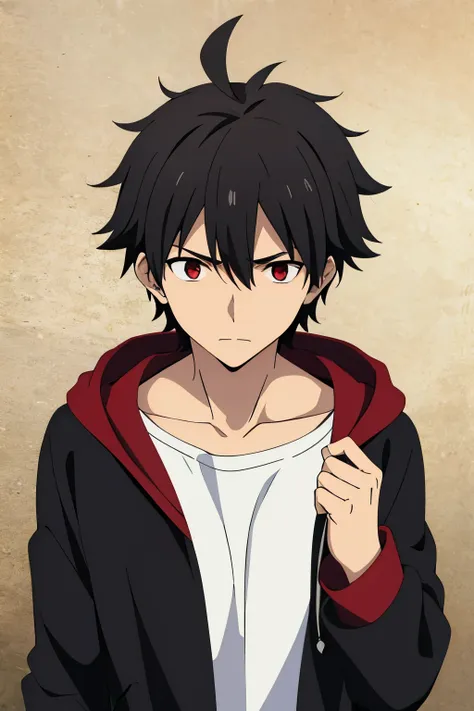 1male, solo, black hair, ahoge, cowlick, red eyes, messy hair, black hoodie,hoodie open chest, white shirt, long sleeves