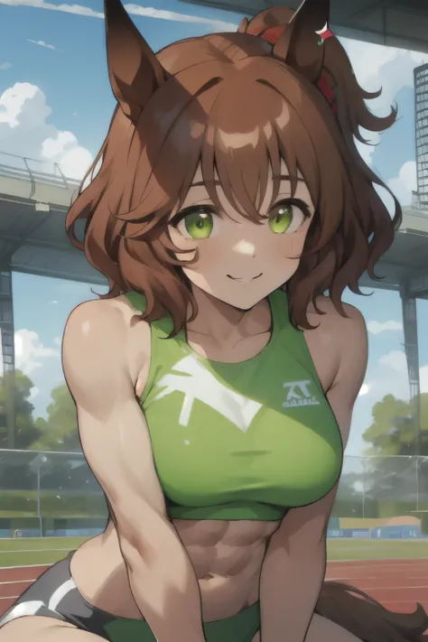 aston machan(umamusume), ((ultra-detailed face)), symmetrical face, beautiful face, (masterpiece), best quality, muscle, abs, horse tail, large tits, smile, athletics track, sports bra, hand between legs, stadium