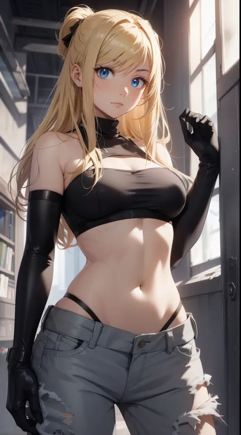 winry rockbell, winry rockbell, eblue eyes, blonde hair, break break break gloves, navel, chopping, of shoulders, 鎖骨, 耳nipple ri...