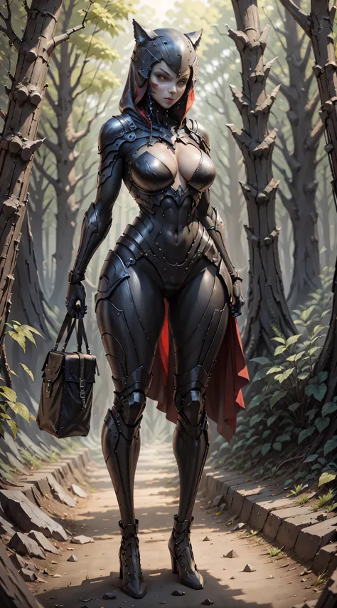 Red Riding Hood becoming the Big Bad Wolf, big breasts, frontal, full-length, looking at the camera, facing the audience, standing pose, forest background, three-dimensional light, detailed full-body concept, sleek digital concept art, beautiful full-body ...