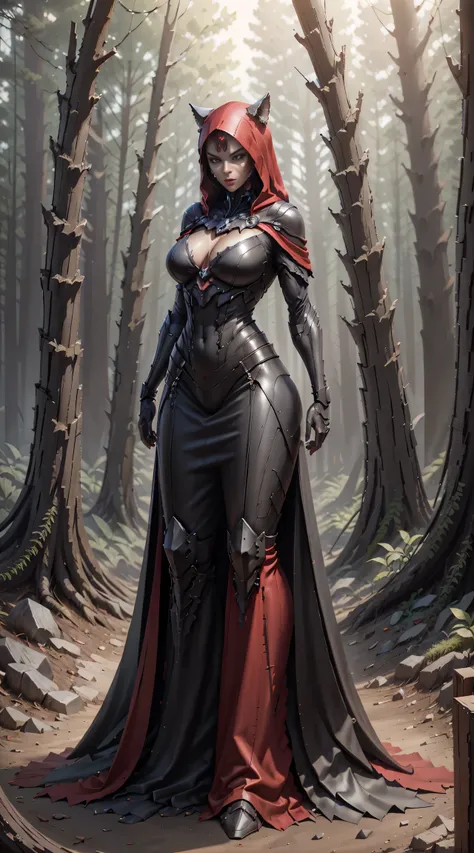 Red Riding Hood becoming the Big Bad Wolf, big breasts, frontal, full-length, looking at the camera, facing the audience, standing pose, forest background, three-dimensional light, detailed full-body concept, sleek digital concept art, beautiful full-body ...