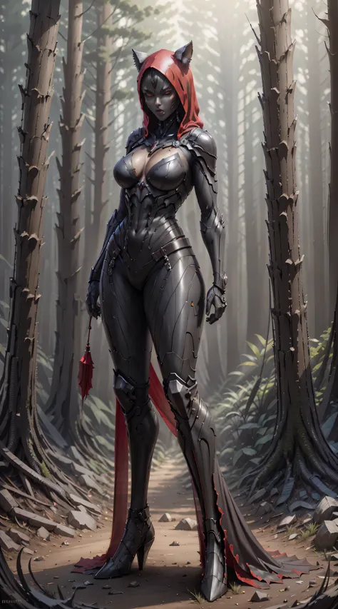 Red Riding Hood becoming the Big Bad Wolf, big breasts, frontal, full-length, looking at the camera, facing the audience, standing pose, forest background, three-dimensional light, detailed full-body concept, sleek digital concept art, beautiful full-body ...