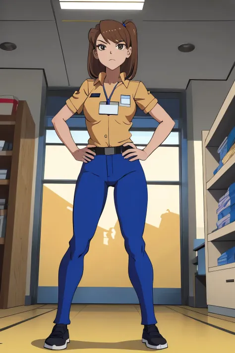 clerkgirl, masterpiece, best quality, 1girl, solo, blue pants, name tag, hands on hips, brown eyes, nude full body